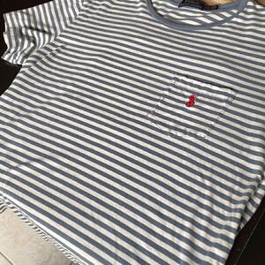 EUC RL Polo s/s tee grey and white stripe with pocket and red pony size M